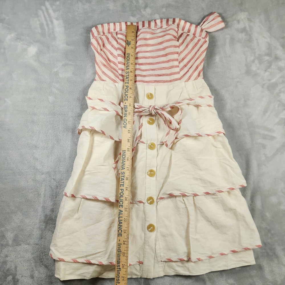 Anthropologie Maeve Sweet Shoppe Linen Red Stripe Tiered Strapless Dress 4 - Picture 4 of 9